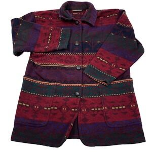 Vintage Wool Aztec Jacket Women Medium Petite Red Southwestern Navajo Barn 90s